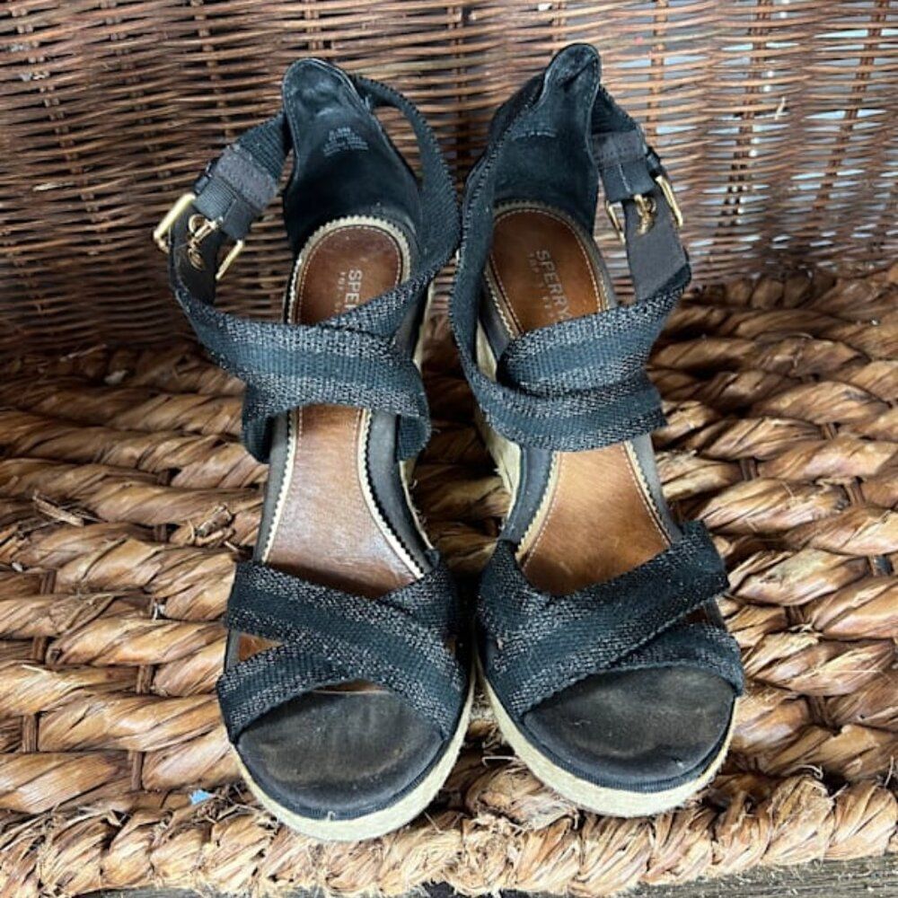 Sperry Women's Black Strappy Top Sider Wedges Sandals Size 8.5 - Picture 3 of 7